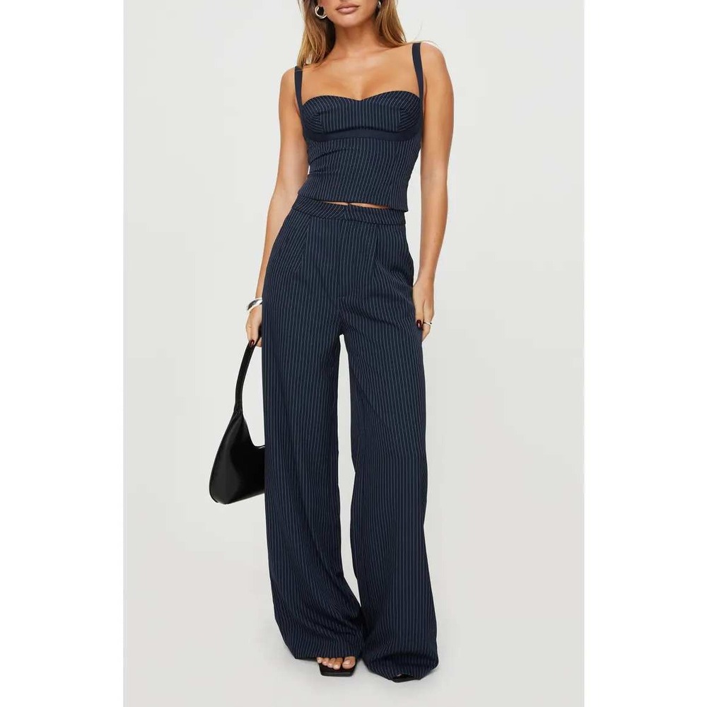 Princess Polly Pant Set Women 4 Navy Pinstripe Wide Leg Top Career Academia Chic